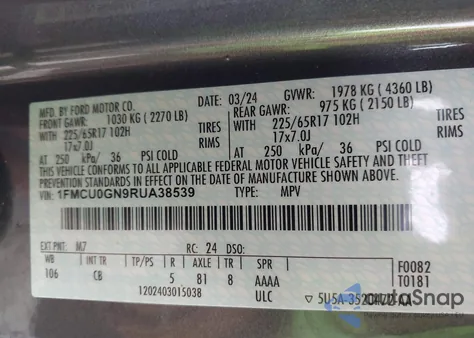 2024 Ford Escape Active из США, поврежденный, VIN 1FMCU0GN9RUA38539